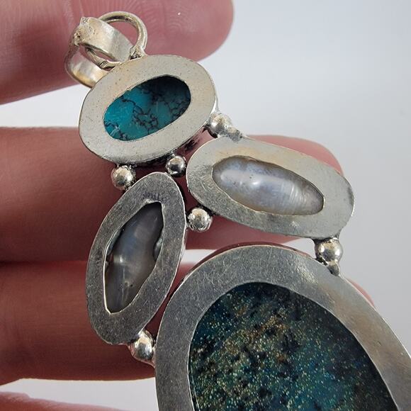 Goldstone Pendant Necklace – With Turquoise & Pearls + 20" Silver Chain - Picture 7 of 10